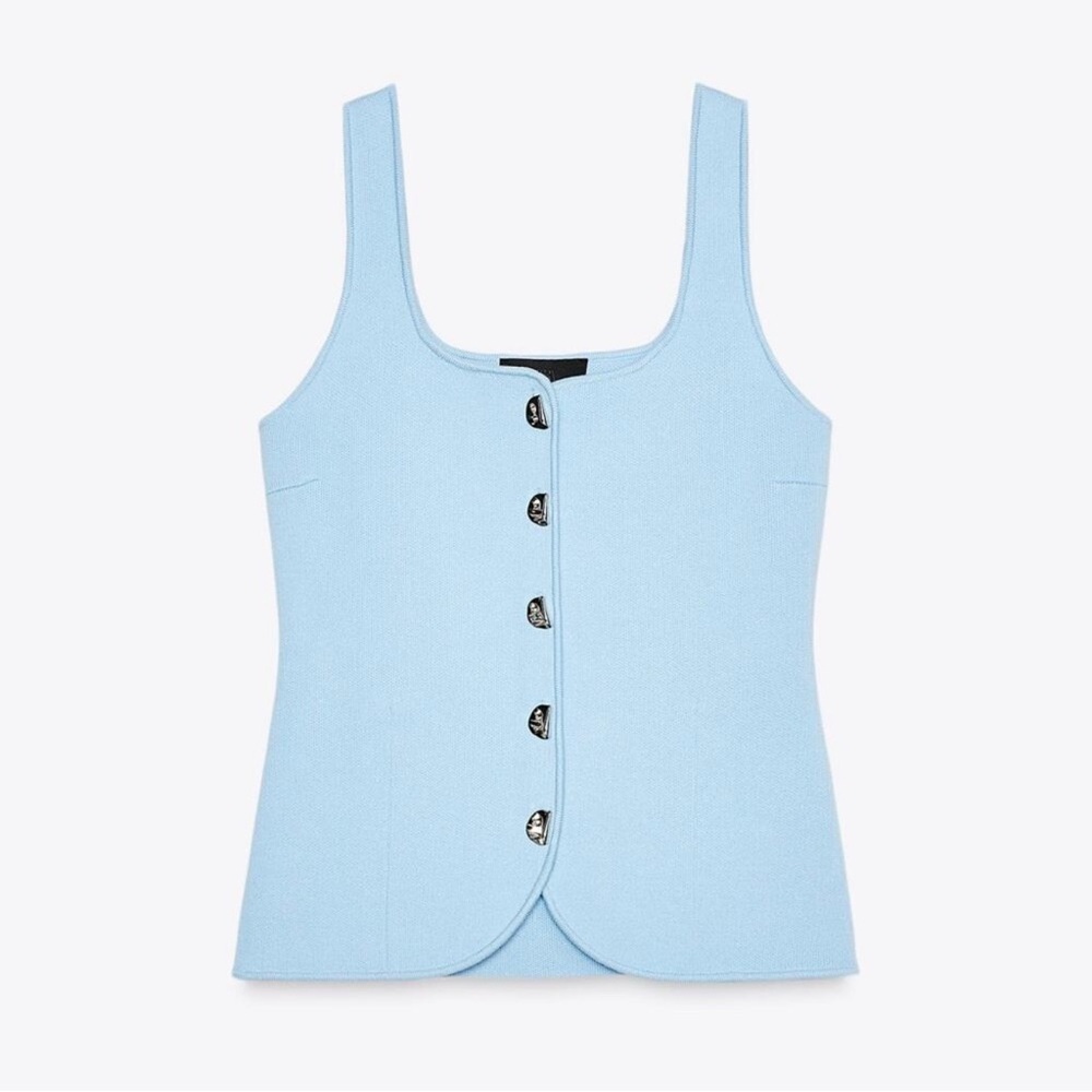 NWT Zara Knit Corset Tank Top Light Blue Silver Button Front Size Large Pastel